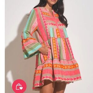 ELAN Boho Geometric Tiered Bell Sleeve Mini Dress Size Medium